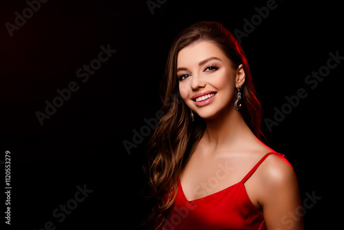 Portrait of attractive model hollywood star wear precious diamonds isolated on black color background