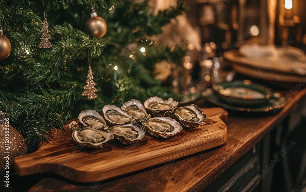 Steamed oysters served on a wooden board with a Christmas tree in the background Steamed oysters served on a wooden board with a Christmas tree in the background