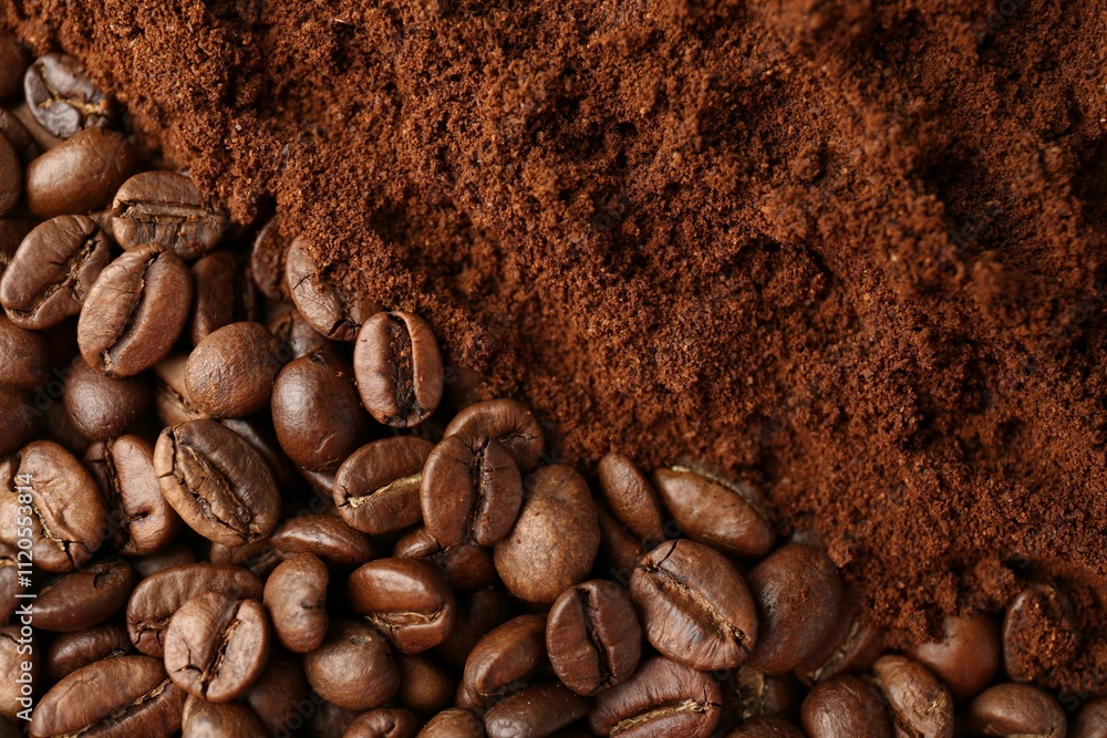 Ground coffee and roasted beans as background, top view Ground coffee and roasted beans as background, top view