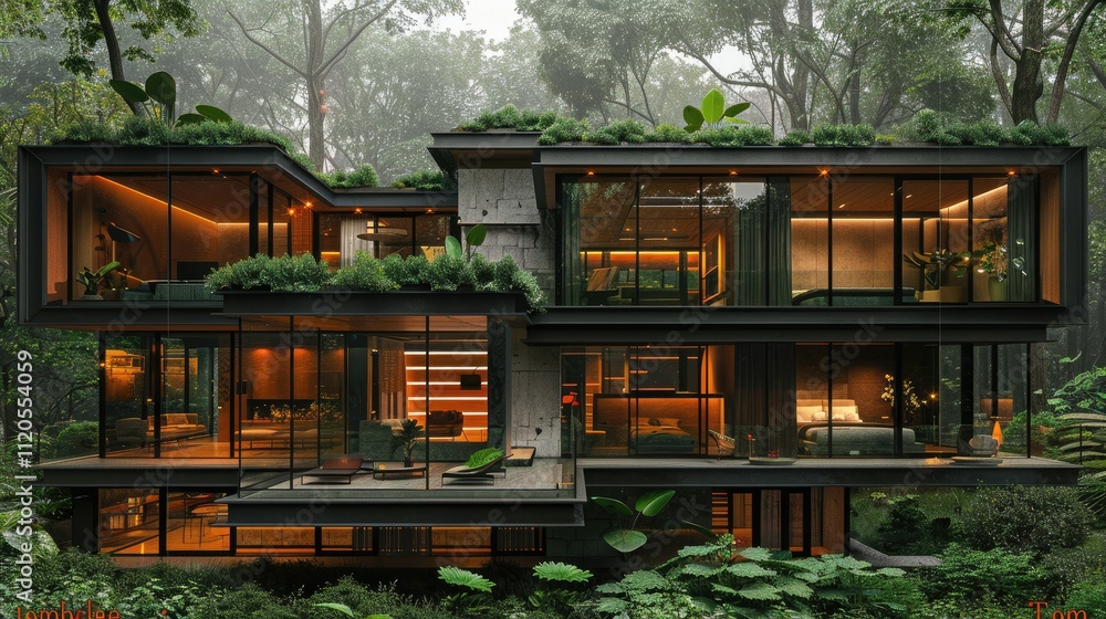 Modern, eco-friendly house nestled in lush rainforest. Modern, eco-friendly house nestled in lush rainforest.