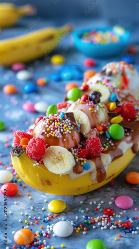 Obraz premium A fun, colorful banana split for kids with candy toppings and playful decorations