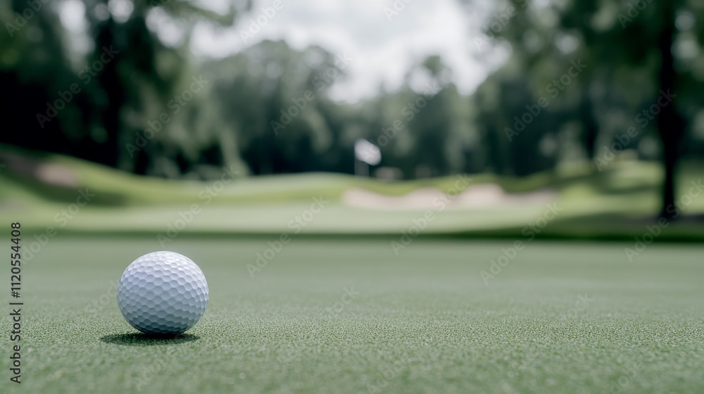 A golf ball rolls across a freshly mowed green, heading towards a distant flag surrounded by softly blurred trees under a bright sky A golf ball rolls across a freshly mowed green, heading towards a distant flag surrounded by softly blurred trees under a bright sky