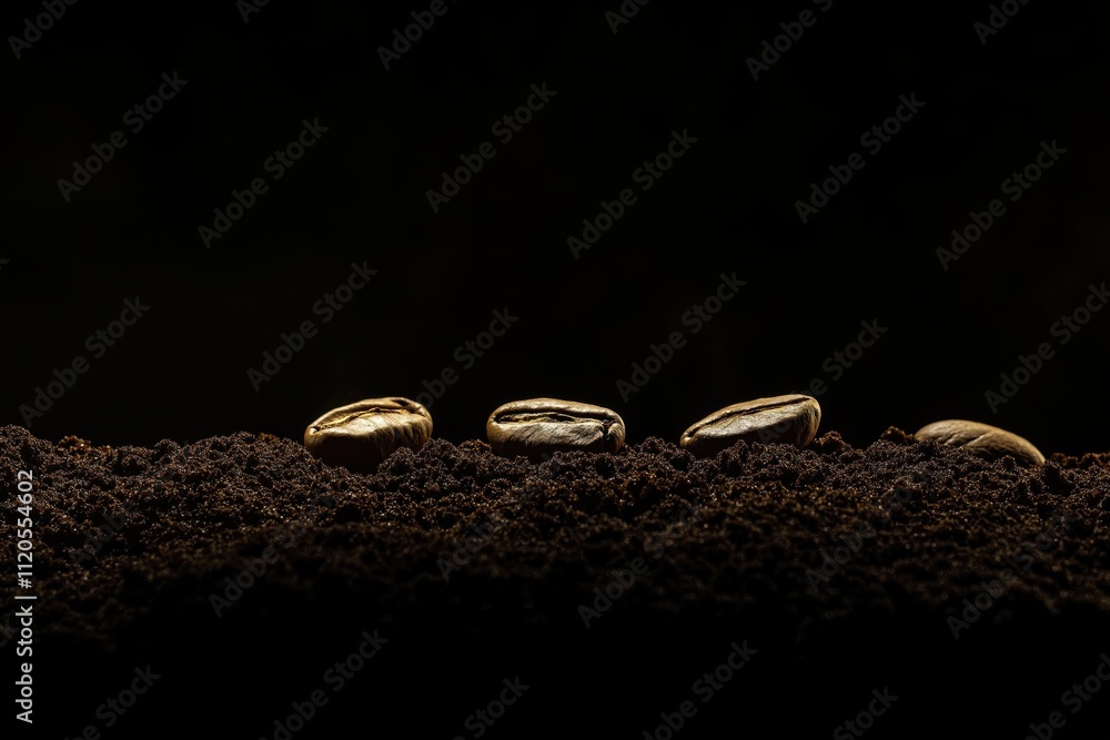Coffee beans on top of ground coffee, with black copy space