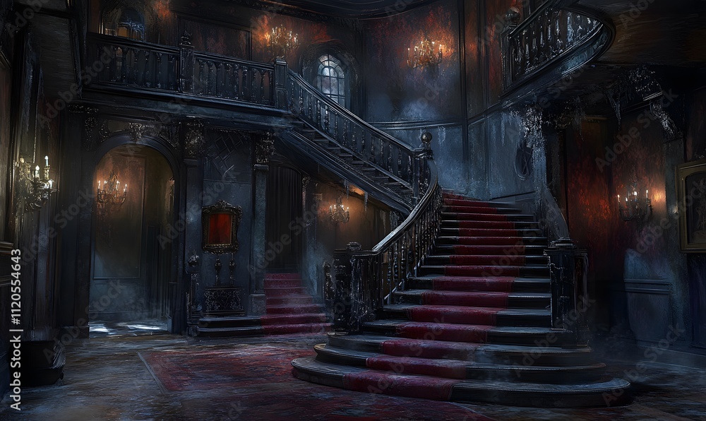 The grand staircase framed by dilapidated walls and faded opulence The grand staircase framed by dilapidated walls and faded opulence