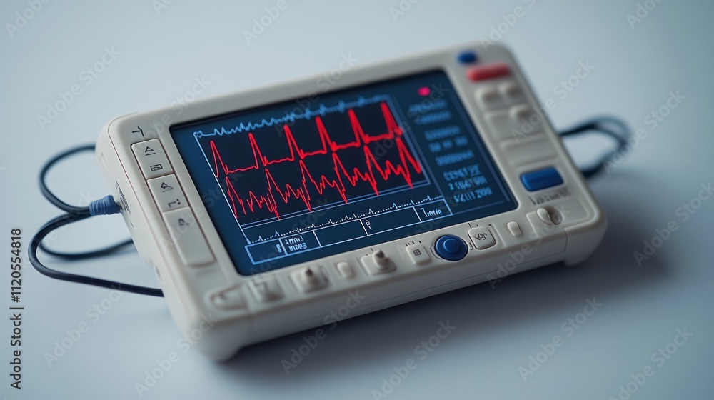 Portable EKG device displaying a heartbeat rhythm on its screen. Portable EKG device displaying a heartbeat rhythm on its screen.