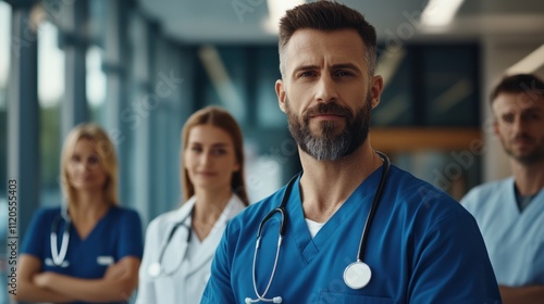 Group of Medical Professionals in Scrubs Standing Confidently in Modern Hospital Environment with Focus on Male Doctor, Showcasing Teamwork and Dedication to Healthcare