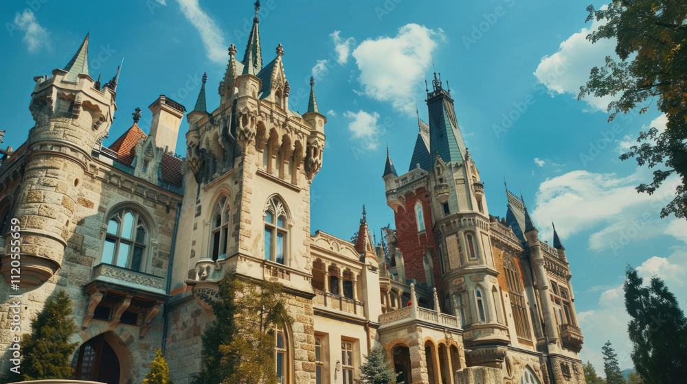 Fototapeta premium A grand European castle with turrets and spires, set against a bright blue sky