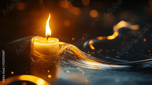 A single lit candle sits in a translucent wave of liquid, casting a warm glow against a dark, bokehfilled background. Mystical and serene atmosphere photo