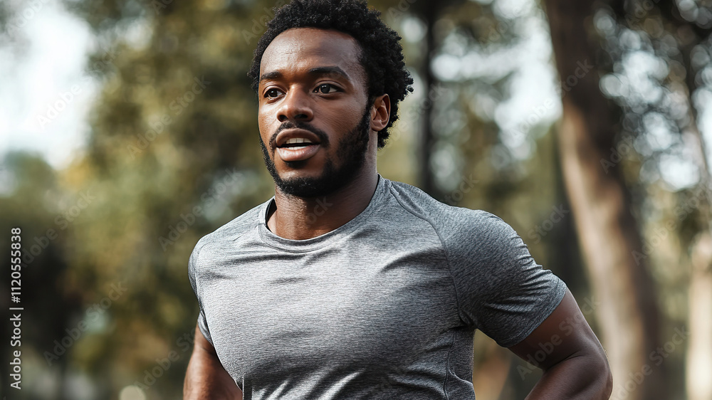 Active man jogs in a park, enjoying outdoor fitness amidst nature backdrop Active man jogs in a park, enjoying outdoor fitness amidst nature backdrop