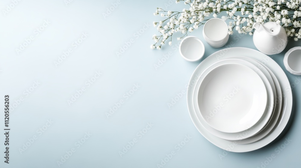 Overhead view showcasing a collection of white ceramic vases and plates artfully arranged on a light blue surface, emphasizing a clean and elegant aesthetic Overhead view showcasing a collection of white ceramic vases and plates artfully arranged on a light blue surface, emphasizing a clean and elegant aesthetic