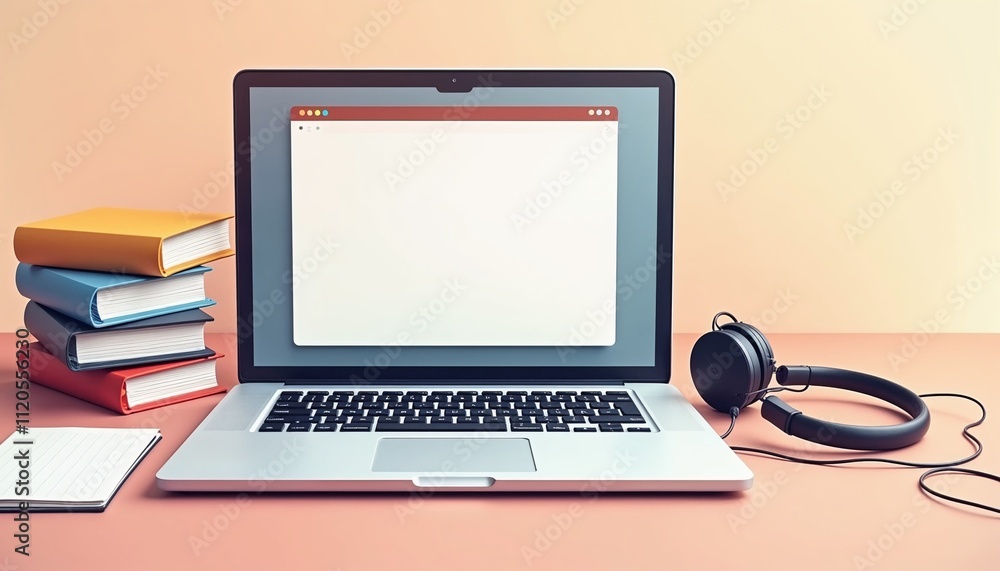 An open laptop on a desk with colorful books and headphones for study and entertainment An open laptop on a desk with colorful books and headphones for study and entertainment