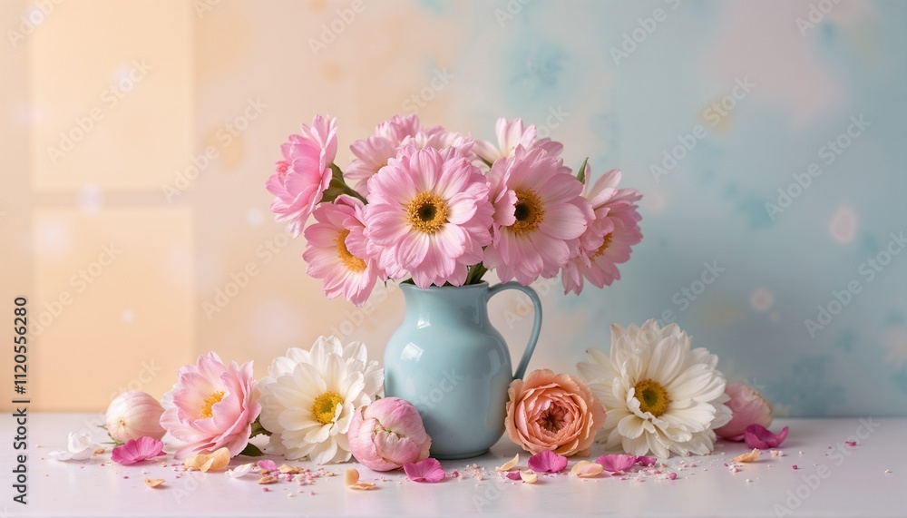 The image displays a table with a white tabletop against a background that is blue. A light blue vase containing an arrangement of pink and white flowers, such as daisies and what could be roses, is c The image displays a table with a white tabletop against a background that is blue. A light blue vase containing an arrangement of pink and white flowers, such as daisies and what could be roses, is c