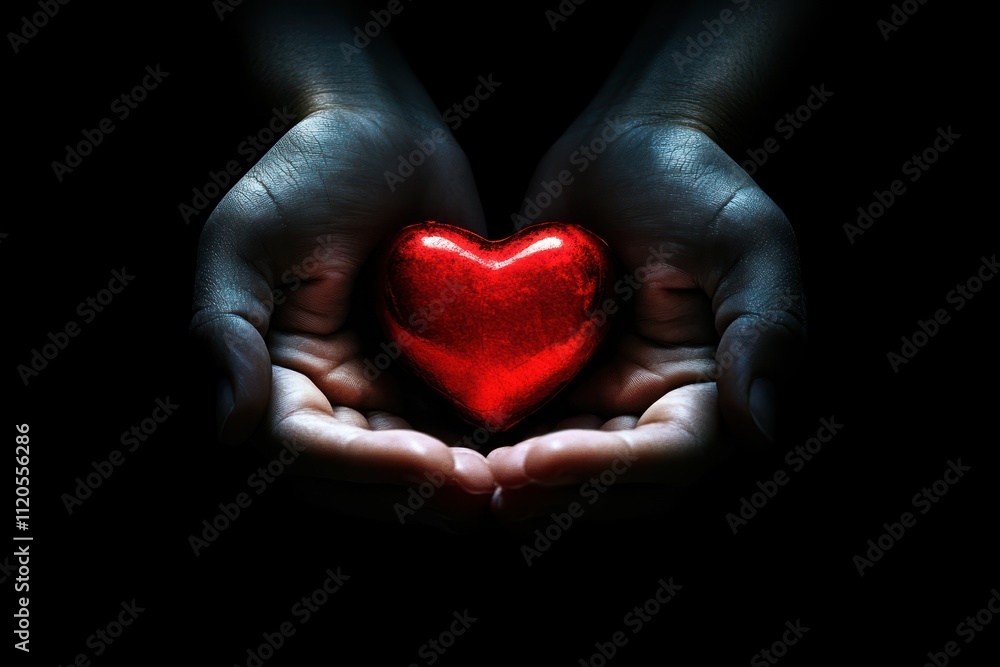 Hands holding a bright red heart, conveying care and affection Hands holding a bright red heart, conveying care and affection