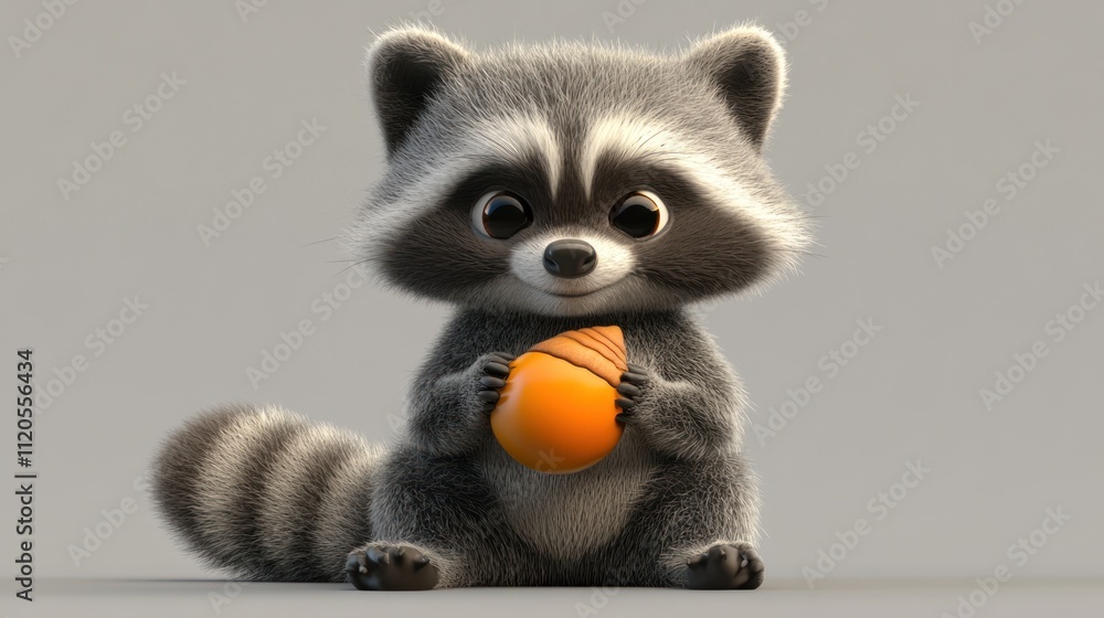 Fototapeta premium Adorable Cartoon Raccoon Holding An Orange
