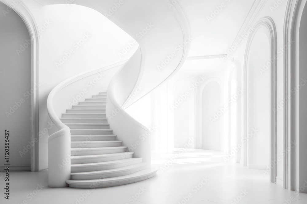 Simple interior of a building with white walls and an elegant staircase, focusing on modern minimalism Simple interior of a building with white walls and an elegant staircase, focusing on modern minimalism