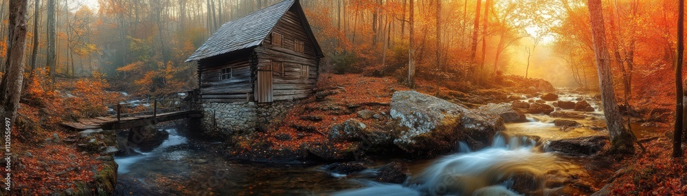 Rustic Wooden Cabin by Autumnal Stream in Misty Forest Rustic Wooden Cabin by Autumnal Stream in Misty Forest