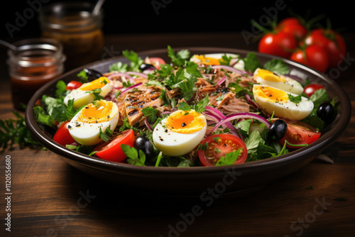 Tuna salad with tomatoes, olives, eggs and onion.,. 