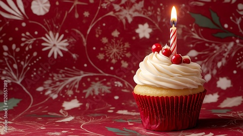 A Christmas-themed birthday cupcake with a candle, set against a festive wallpaper design.
