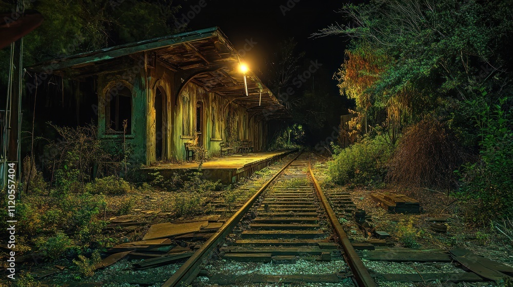 Naklejka premium Abandoned Train Station Overgrown With Vegetation At Night