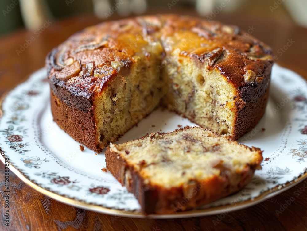 A homemade banana cake with a slice cut out, revealing its soft and moist texture A homemade banana cake with a slice cut out, revealing its soft and moist texture
