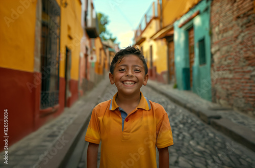 NIÑO MEXICANO SONRIENDO EN EL CALLEJON DE UN PUEBLO