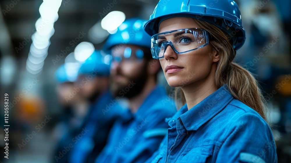 Team of Professionals in Blue Helmets and Protective Glasses Focused on Work Team of Professionals in Blue Helmets and Protective Glasses Focused on Work