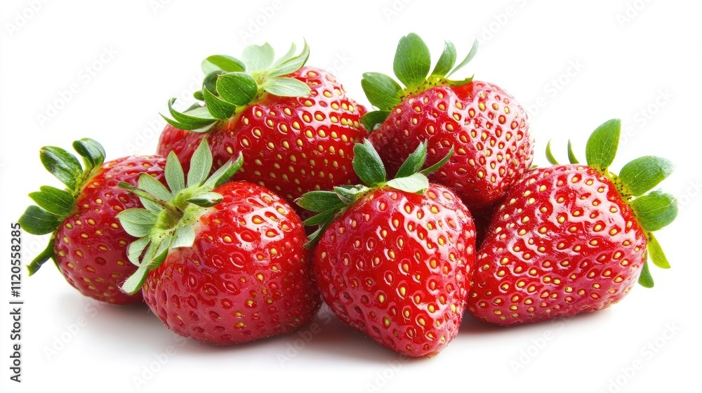 A cluster of fresh, vibrant strawberries with green leaves, ready for consumption. A cluster of fresh, vibrant strawberries with green leaves, ready for consumption.