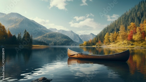 A photo of a canoe on a calm mountain lake.