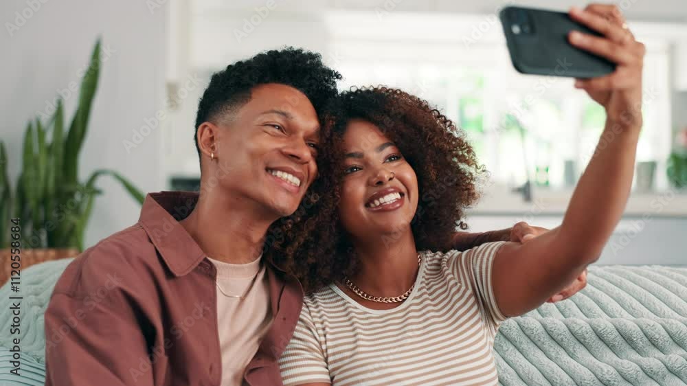 Couple, hug and peace sign for couch selfie, emoji and photography to capture moment of love. Happy people, embrace and relax together in living room for bonding, romantic date and online memory