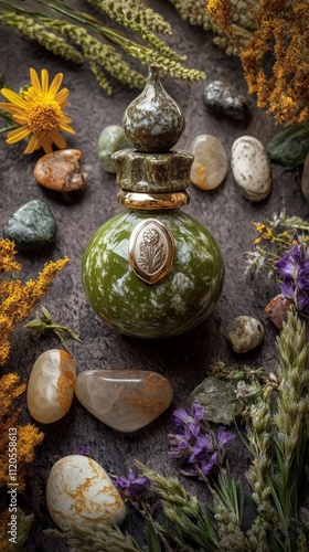 Herbal perfume bottle surrounded by natural stones and wildflowers on rustic background