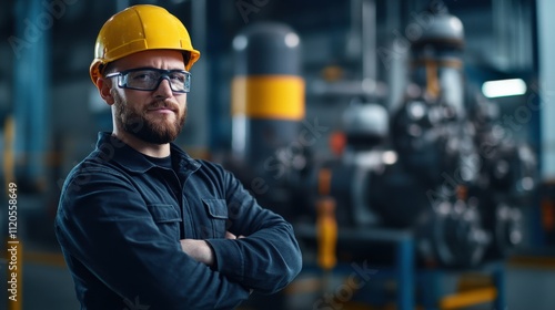 Confident Industrial Worker in Hard Hat and Safety Glasses, Standing in an Industrial Facility with Equipment in the Background, Symbolizing Safety and Professionalism