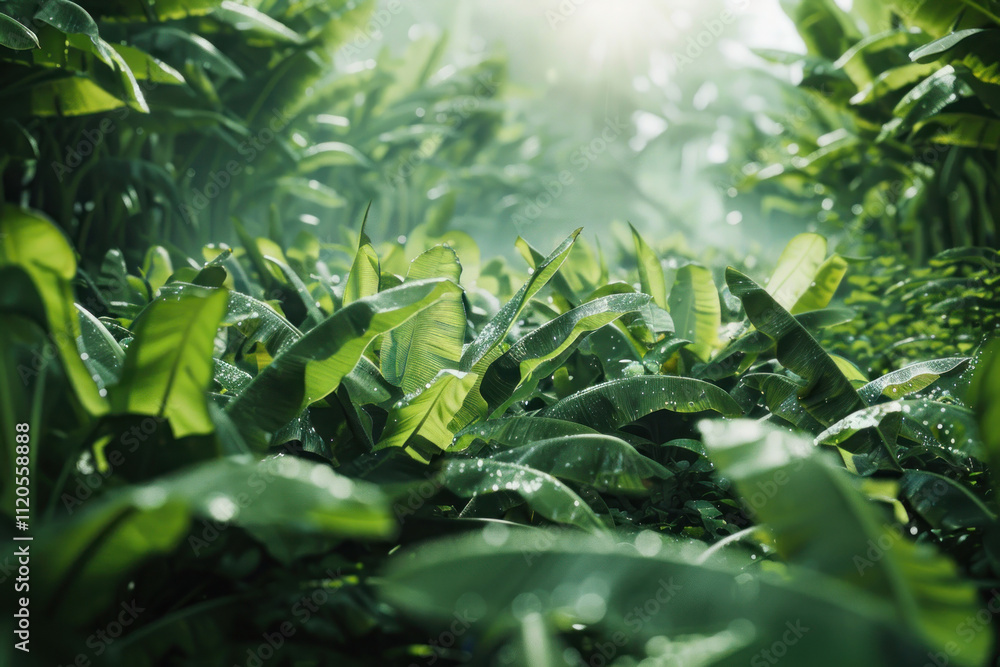 A lush green banana field drenched in morning dew, exuding freshness and natural beauty A lush green banana field drenched in morning dew, exuding freshness and natural beauty