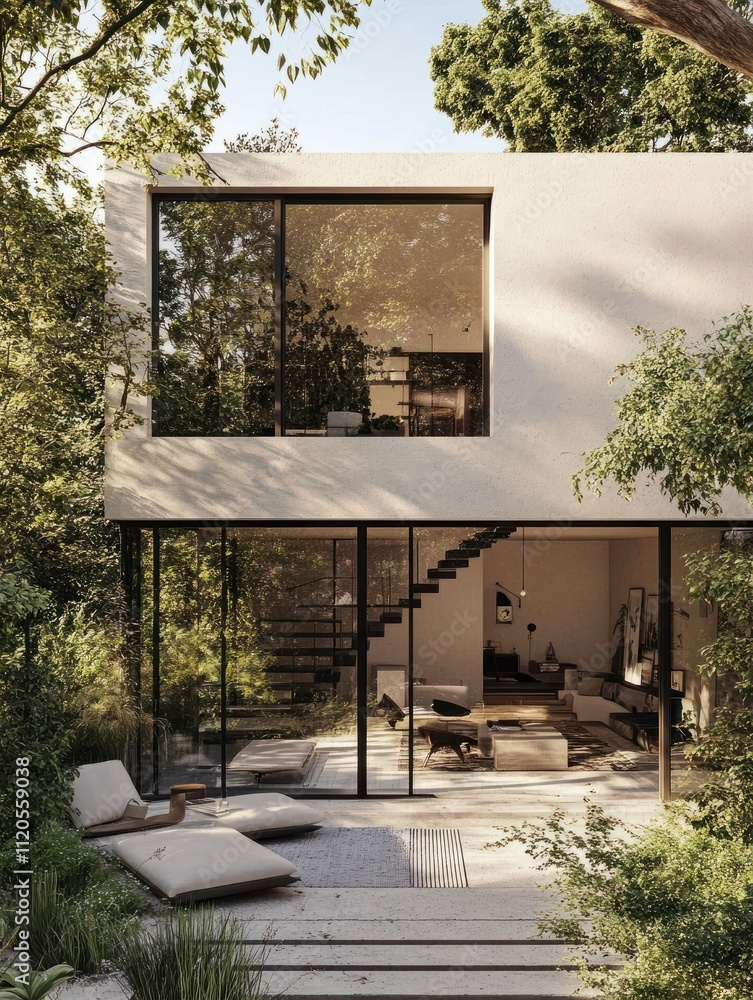 Fototapeta premium Inspiring terrace and urban garden outside modern scandi villa