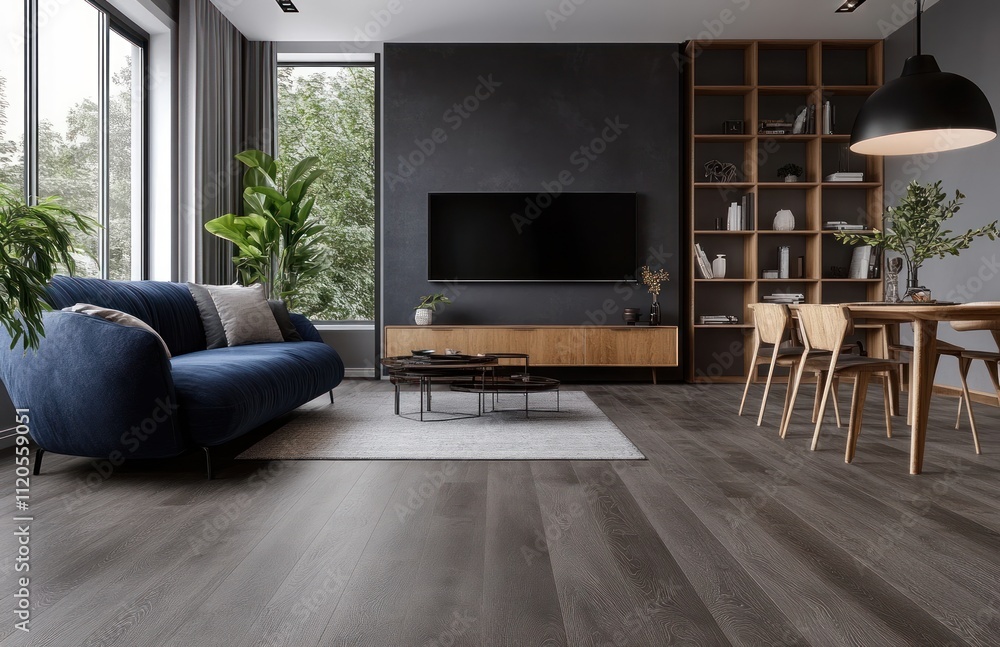 Modern living room with dark hardwood floors, blue sofa, and dining area. Modern living room with dark hardwood floors, blue sofa, and dining area.