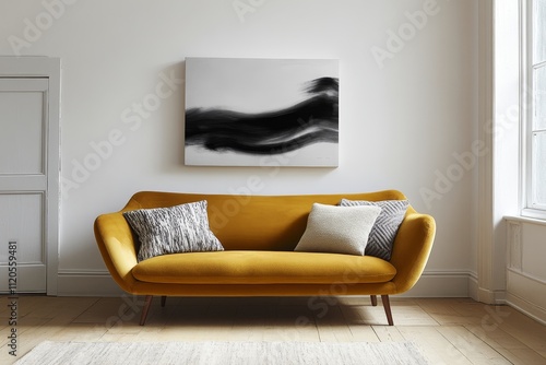 Minimalist living room with yellow sofa and abstract black white art on wall photo