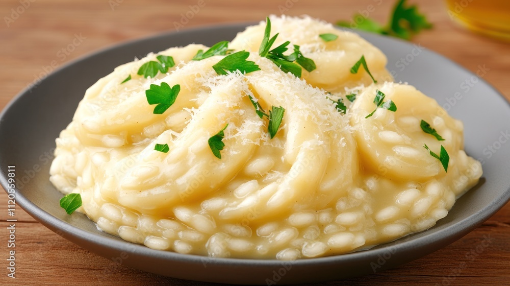 Creamy risotto garnished with parsley and cheese on a plate. Creamy risotto garnished with parsley and cheese on a plate.