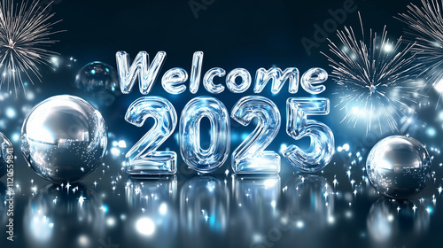 Icelike 2025 digits sparkle amidst fireworks and reflective spheres. A celebratory New Years welcome message. Dark blue background photo