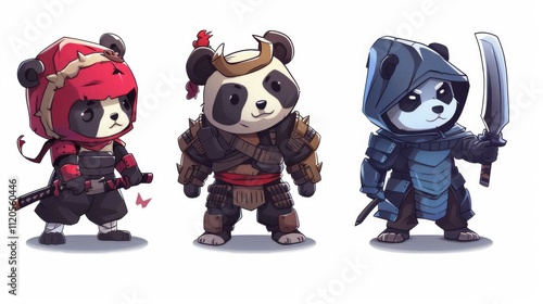 illustraction of techwear chibi panda ninjas robot mecha future JAPANESE VIBE detailed design for streetwaer and urban style t-shirts design