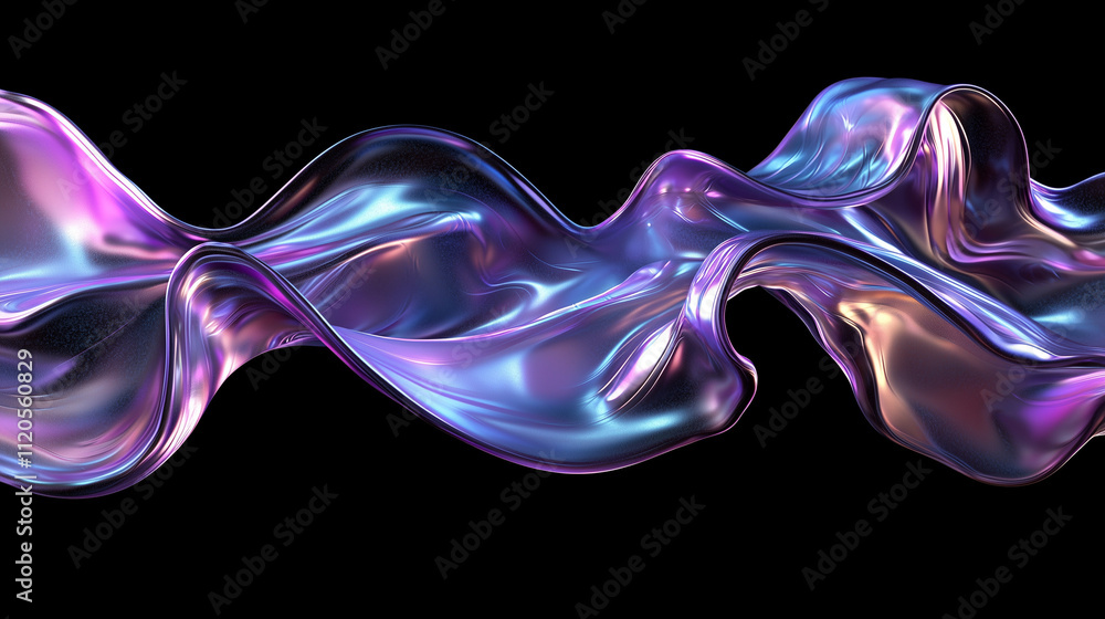 Iridescent purple silky flow. Wave shaped metallic liquid. Black background. Minimal creative concept. Iridescent purple silky flow. Wave shaped metallic liquid. Black background. Minimal creative concept.