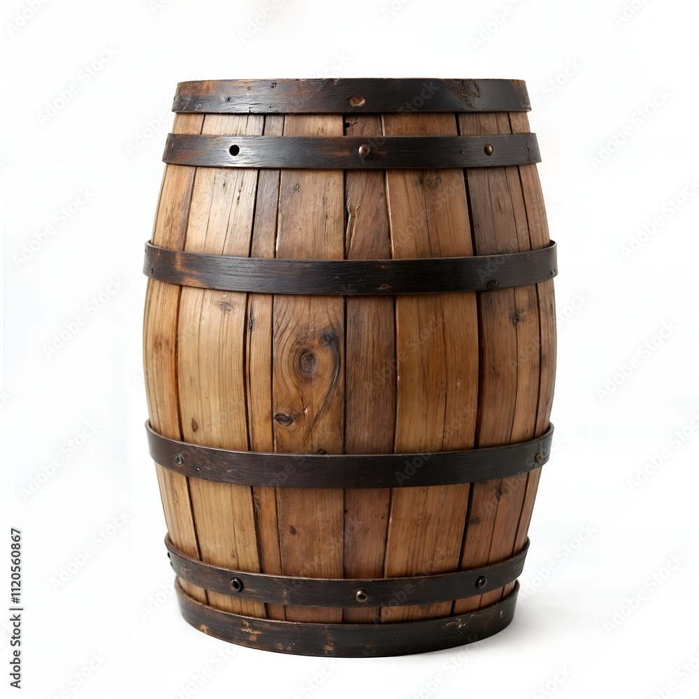 Obraz premium A traditional wooden barrel with vertical staves and dark metal hoops is set against a plain white background, highlighting its rustic craftsmanship.