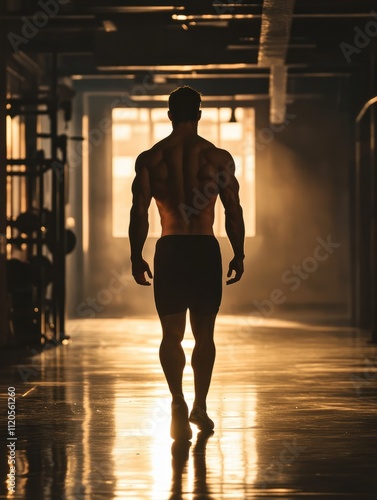 Muscular man silhouette walking in dark corridor of loft building. Back view male athlete taking break after cardio workout. Fitness man with muscular body going in gym photo