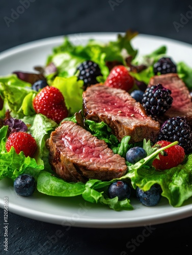 Organic salad of grilled beef with fresh berries and lettuce.Clean eating