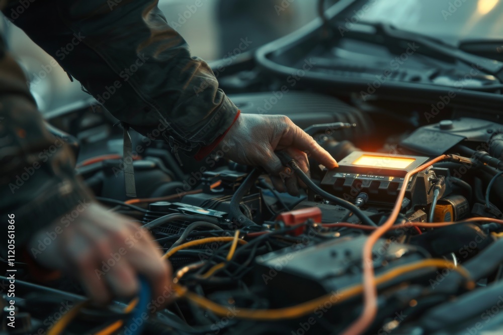 Technician Hands of car mechanic working repair in auto repair Service electric battery and Maintenance of car battery. Check the electrical system inside the car. Technician Hands of car mechanic working repair in auto repair Service electric battery and Maintenance of car battery. Check the electrical system inside the car.