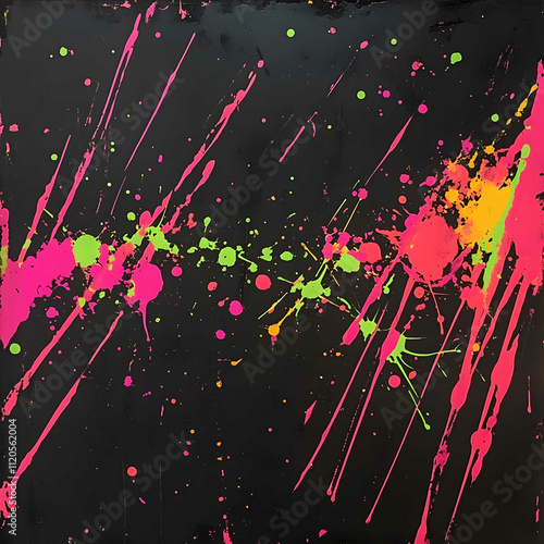 a dark black background with splashes of hot pink green and yellow across it