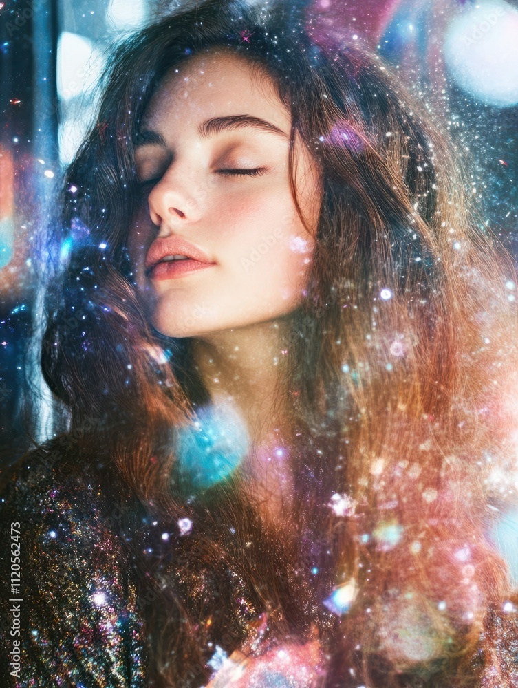 Portrait of attractive young european woman portrait on space background. Universe and meditation concept. Double exposure