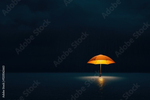 Wallpaper Mural Lone Bright Orange Umbrella Illuminated in a Dark Rainstorm with Reflective Surface and Moody Atmosphere Torontodigital.ca