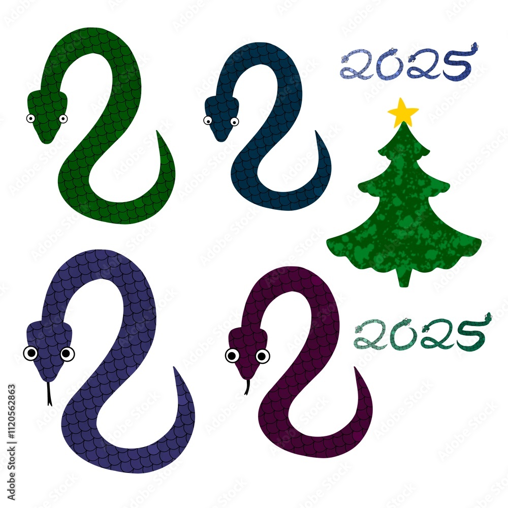 Christmas animals set snake 2025 print for stickers and kids and wrapping paper Christmas animals set snake 2025 print for stickers and kids and wrapping paper