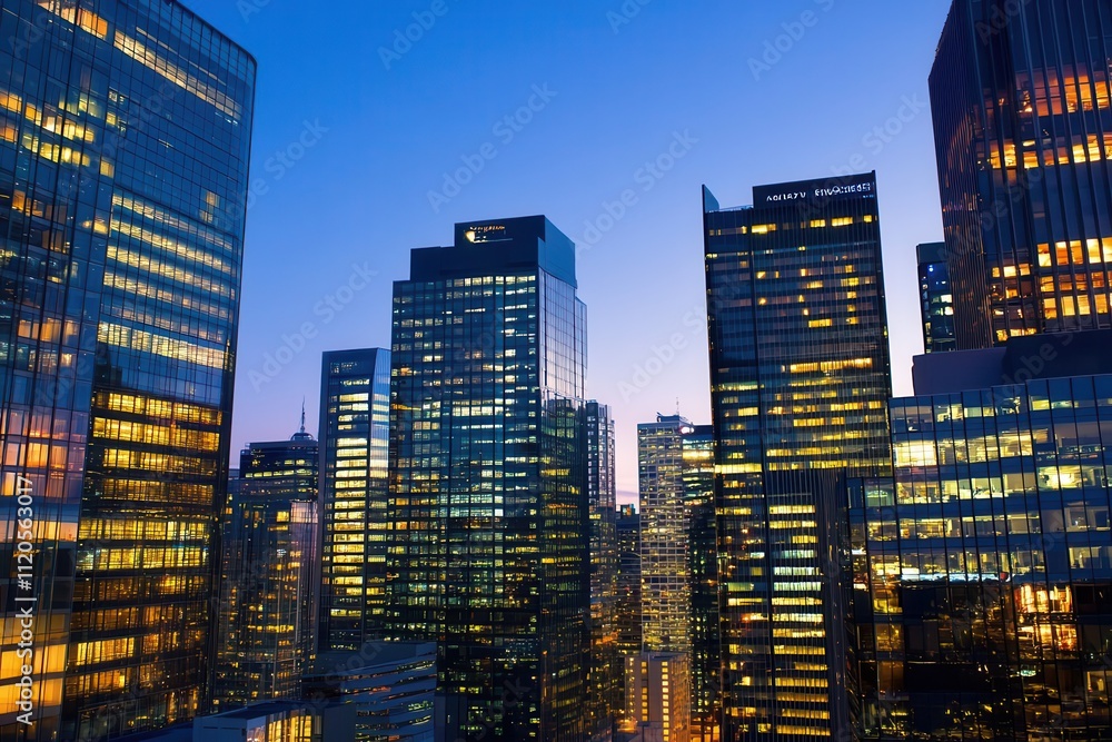 A city skyline at dusk, showcasing modern buildings and illuminated windows.