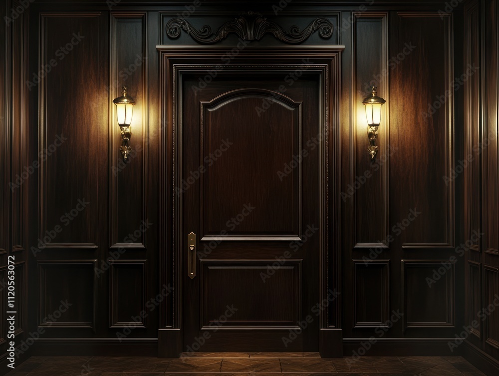 Dark wooden door in classic paneled hallway. Dark wooden door in classic paneled hallway.