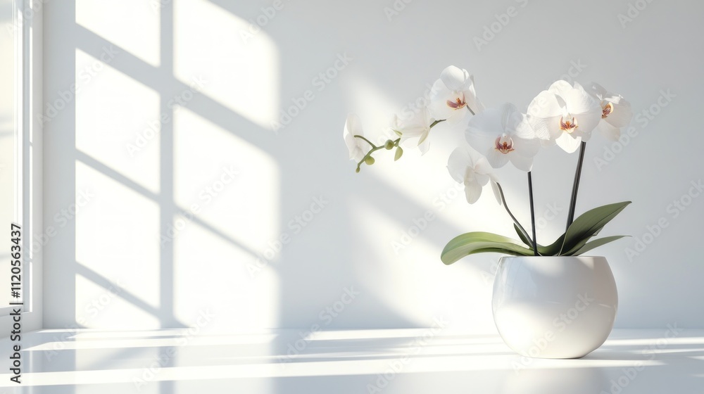White orchids in a white pot on a white surface, sunlight. White orchids in a white pot on a white surface, sunlight.